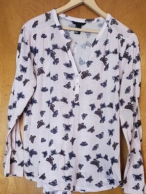H&M Pale Pink Long Sleeve Henley Top with Navy Butterfly Print